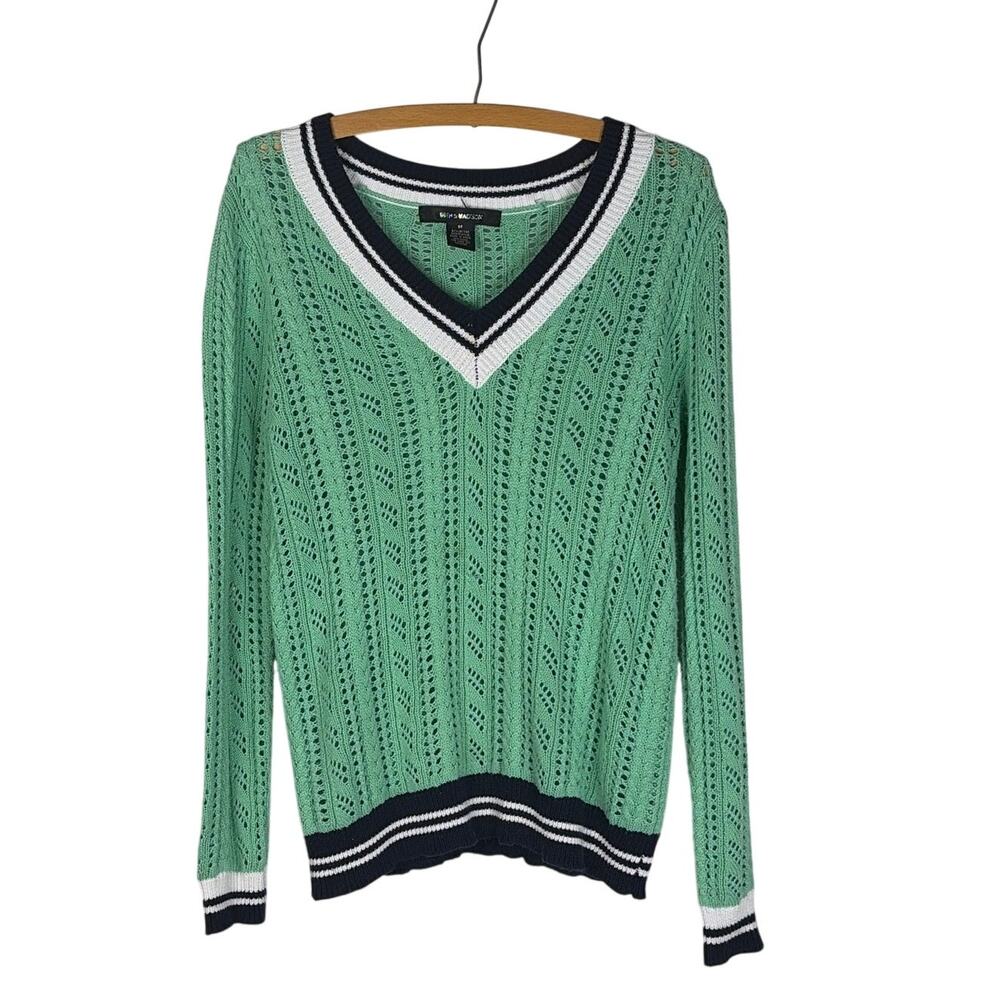 89th Madison Pistachio Green Navy V Neck Tennis Sweater Womens 14